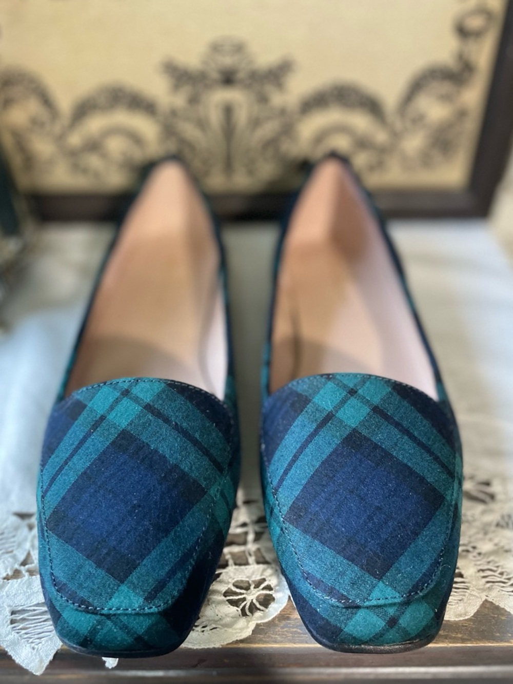 Vintage Bandolino blue & green plaid Libery loafers 8